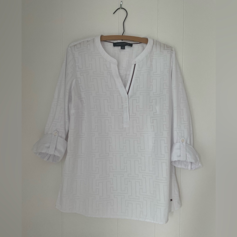 Tommy Hilfiger Blouse Pullover White w/red white blue trim size large